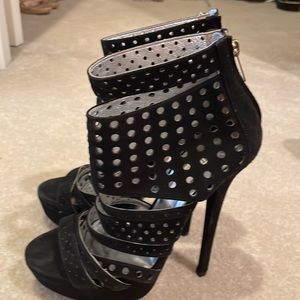 Jimmy Choo black suede caged sandal/heels 37